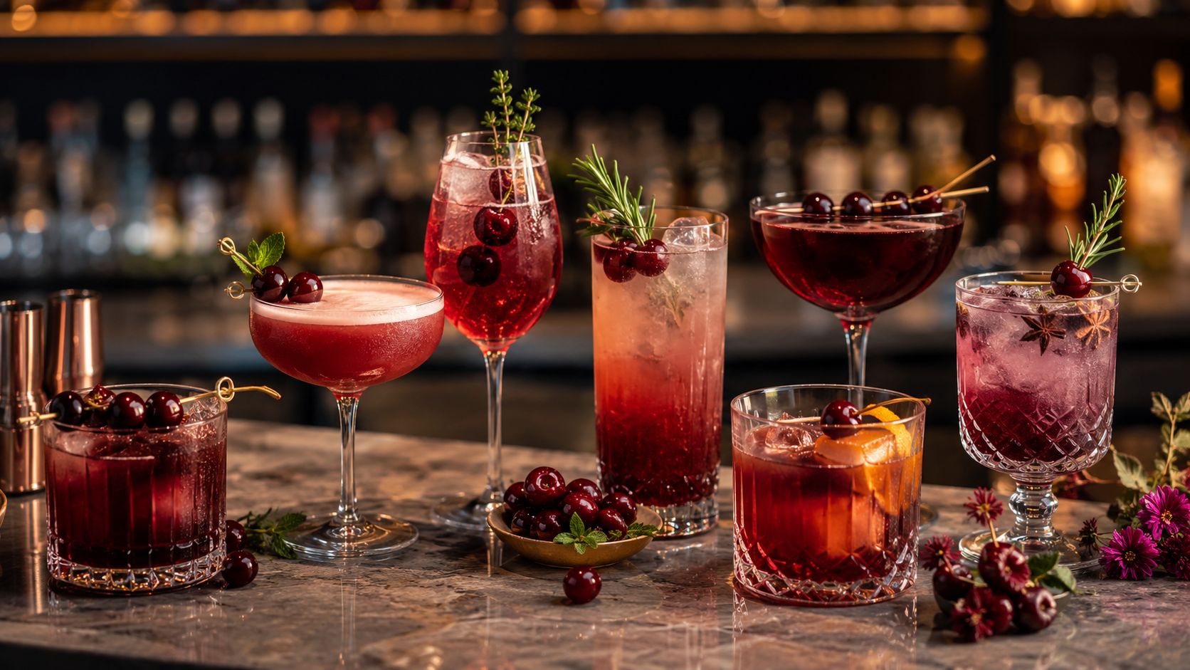 A luxurious bar counter displaying an array of elegant cocktails garnished with fresh cherries and aromatic herbs.