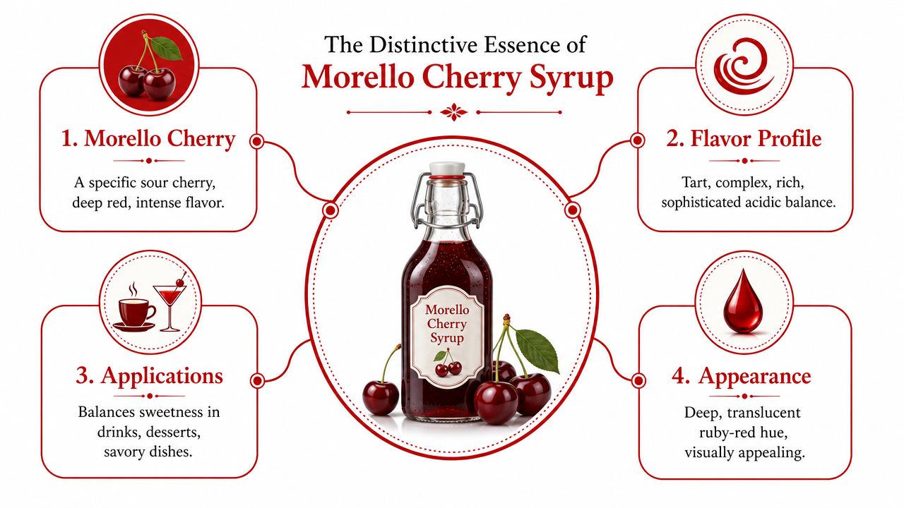 An infographic detailing the characteristics of Morello Cherry Syrup including its flavor, appearance, and culinary applications.