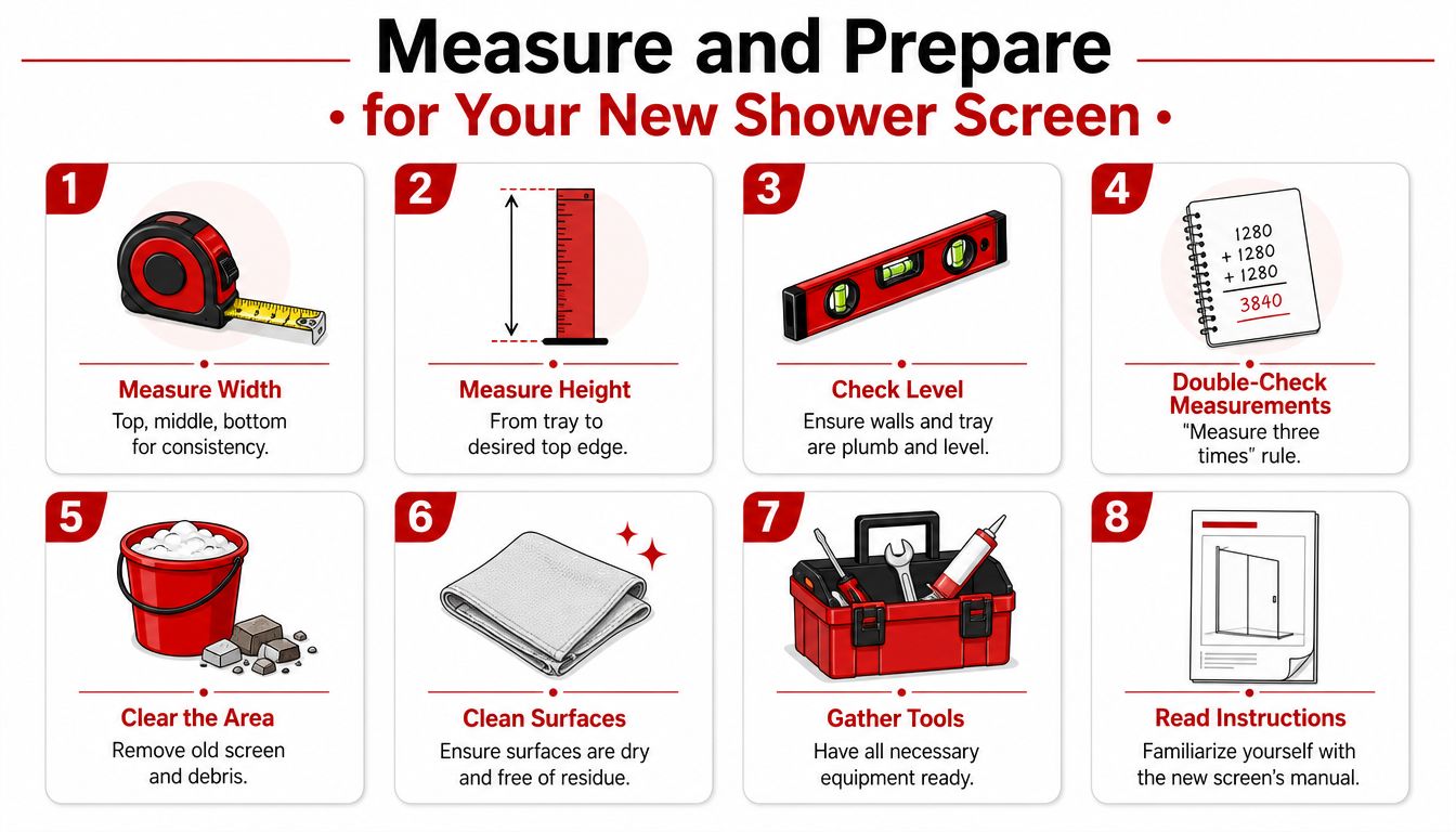 An infographic showing eight essential steps to prepare and measure before installing a new bathroom shower screen.