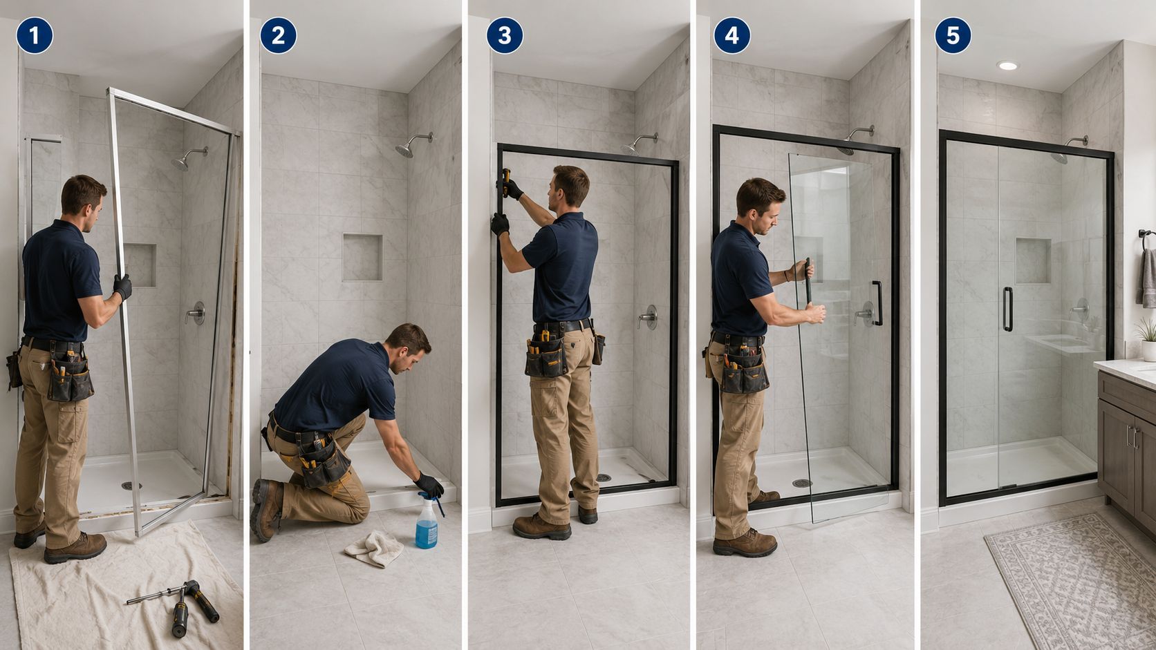 A professional contractor performing a multi-step installation of a new glass shower screen in a bathroom.