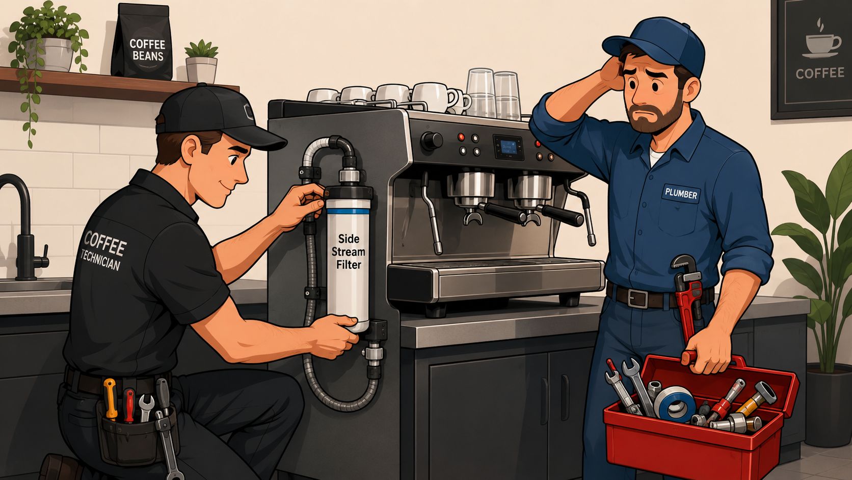 A coffee technician installs a side stream filter on a professional espresso machine while a plumber watches.