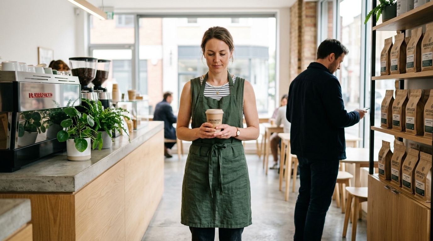 A barista wearing a green linen apron holds a sustainable coffee cup in a modern cafe setting.