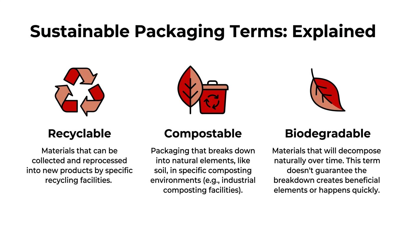A graphic defining sustainable packaging terms: recyclable, compostable, and biodegradable with accompanying icons.