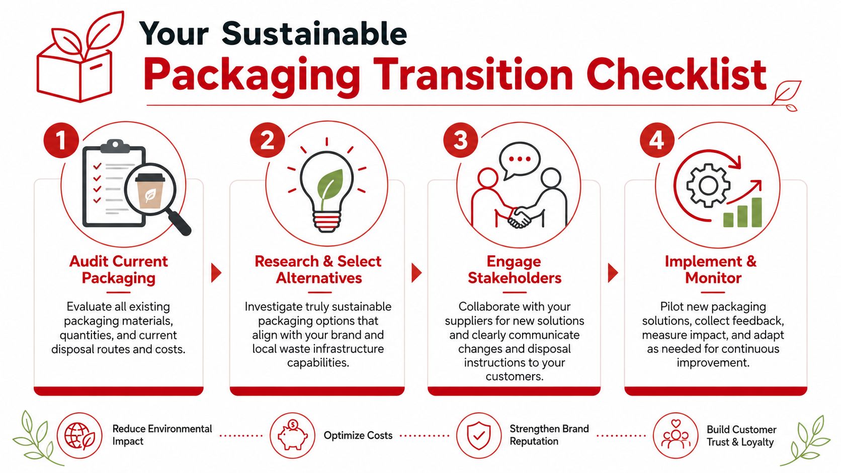 A four-step checklist infographic titled Your Sustainable Packaging Transition Checklist for eco-friendly business strategies.