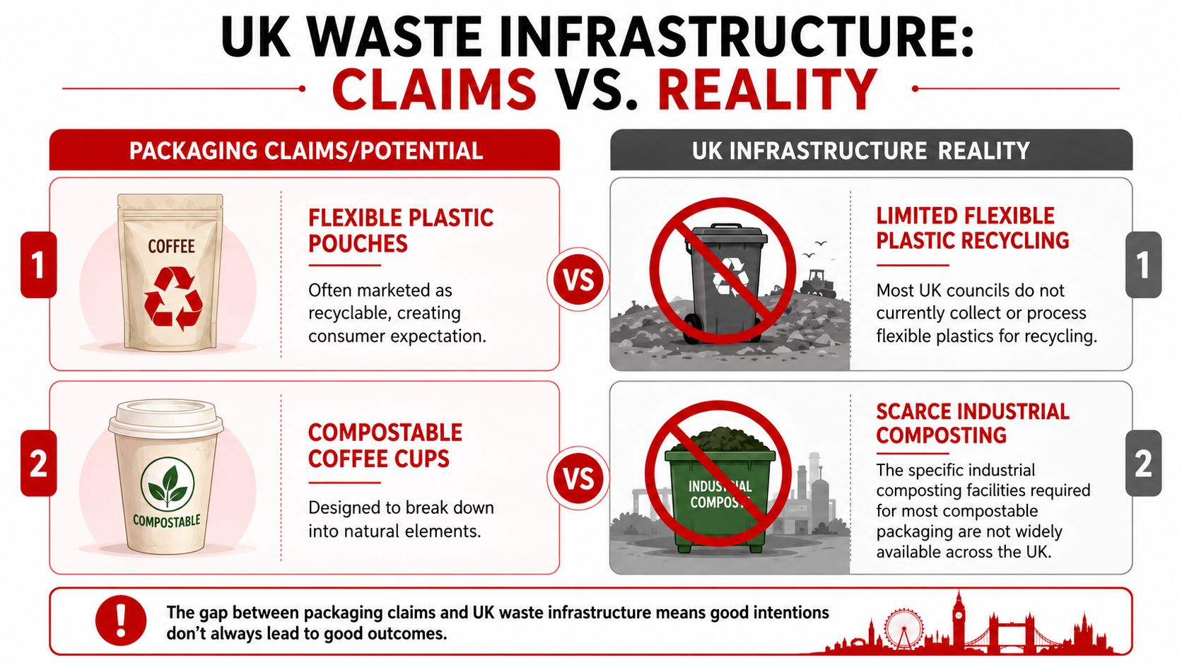 An infographic comparing UK consumer packaging claims with the reality of current waste management infrastructure.