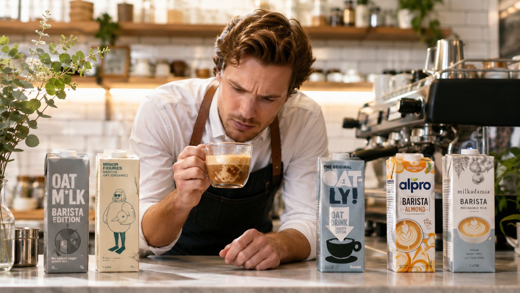 A professional barista examines a cup of coffee surrounded by various brands of vegan milk alternatives.