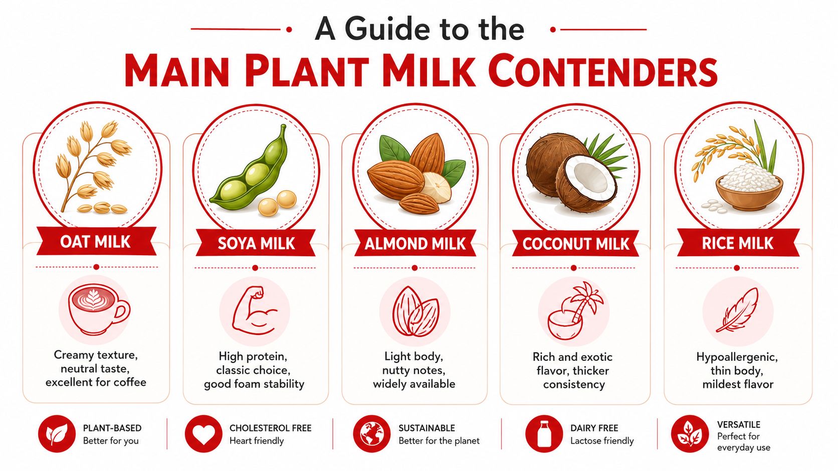 An infographic showing five main plant milk alternatives: oat, soya, almond, coconut, and rice milk types.