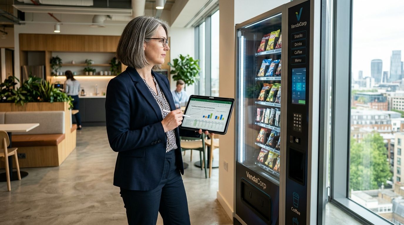 A professional woman in a business suit reviewing financial charts on her tablet beside a modern vending machine.