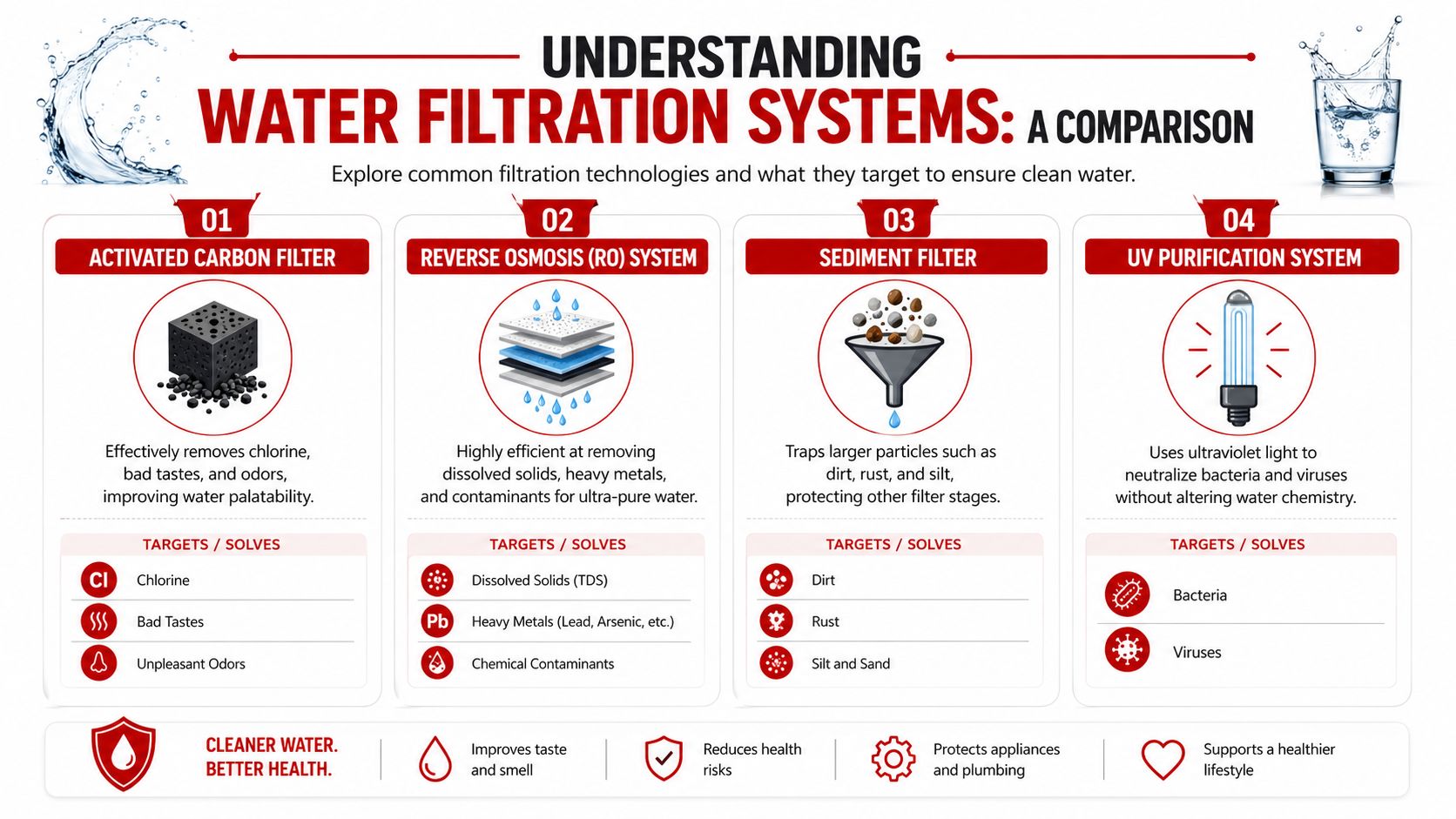 An infographic comparing four common water filtration technologies including activated carbon, reverse osmosis, sediment, and UV purification.