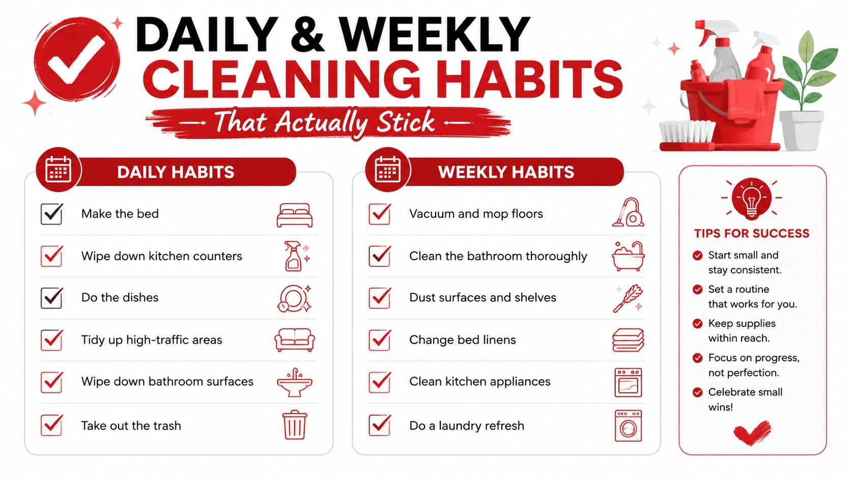An organized checklist graphic outlining daily and weekly household cleaning habits and tips for home maintenance success.