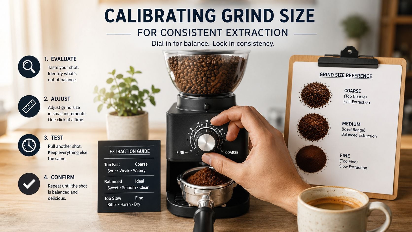 A hand adjusts the dial on a coffee grinder to calibrate grind size for consistent espresso extraction.