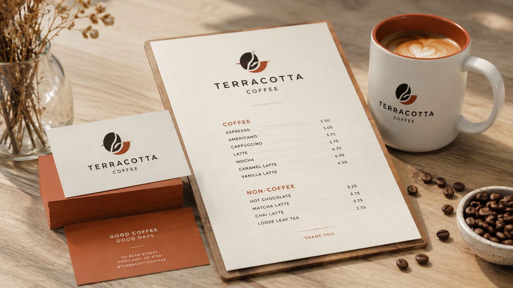 A professional coffee shop branding kit featuring a menu, business cards, and a coffee mug on a table.
