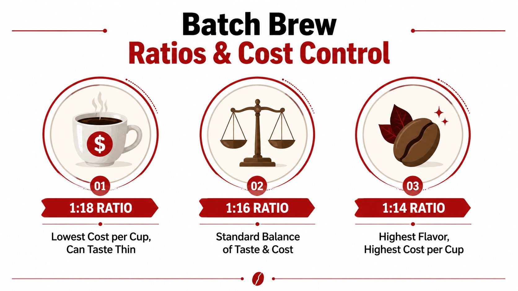 A graphic showing three coffee brewing ratios ranging from 1:18 to 1:14 with cost and flavor descriptions.