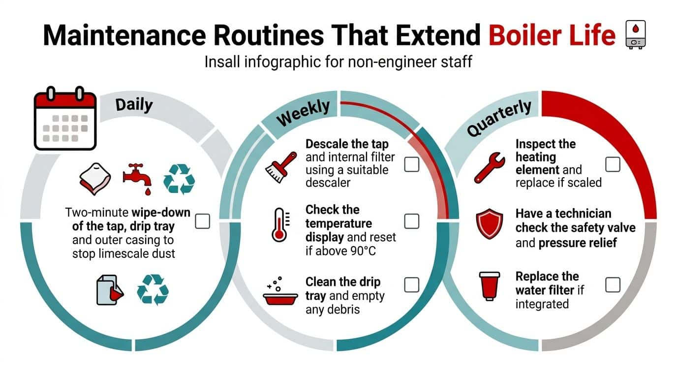 An infographic detailing essential daily, weekly, and quarterly maintenance routines to extend commercial water boiler lifespan.