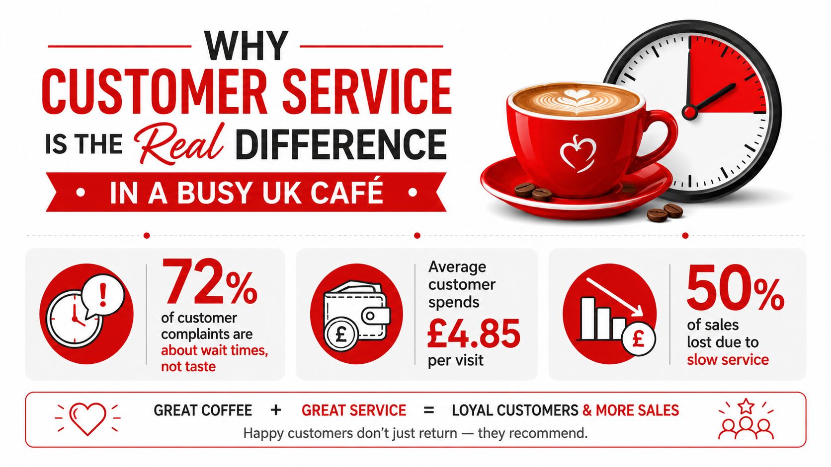 An infographic showing that customer service is vital for busy UK cafes, highlighting wait times and sales.