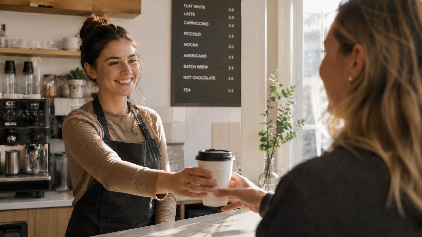 A friendly barista handing a disposable coffee cup with a black lid to a customer in a cafe.