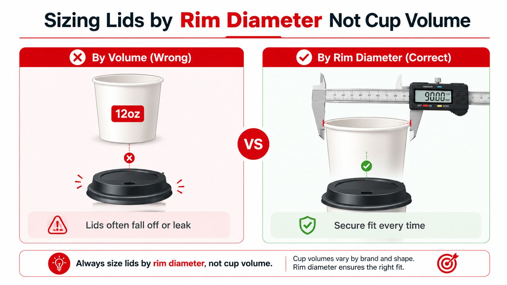 An infographic illustrating that disposable cup lids should be chosen by rim diameter rather than cup volume.
