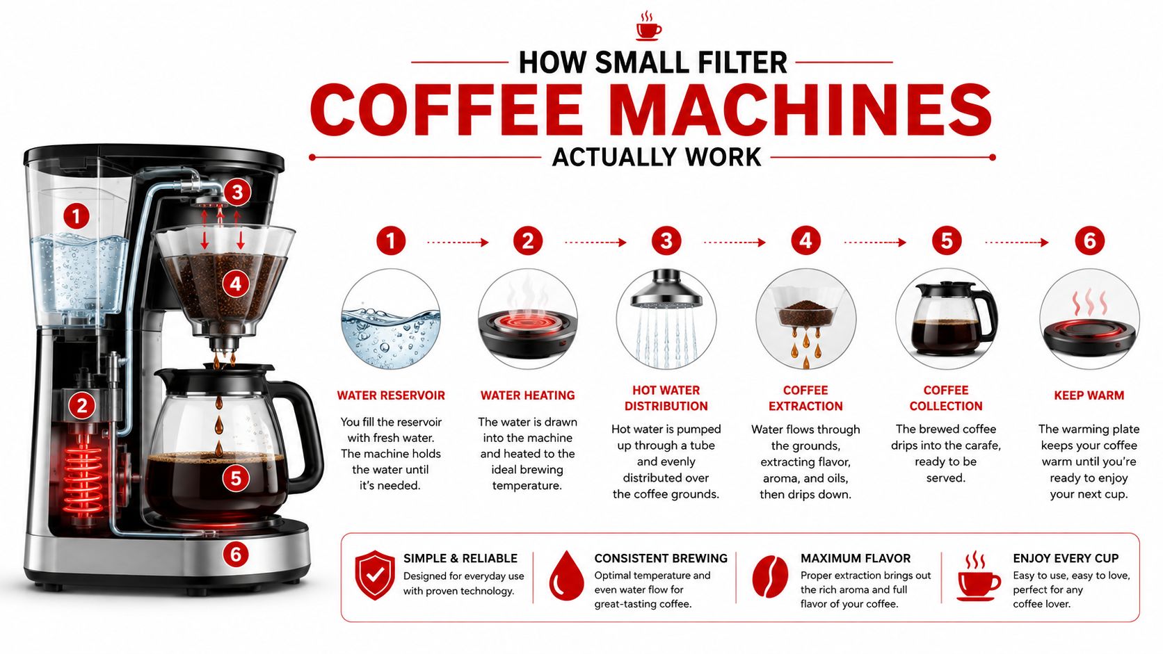 A step-by-step infographic showing how a small filter coffee machine works, from water heating to brewing.