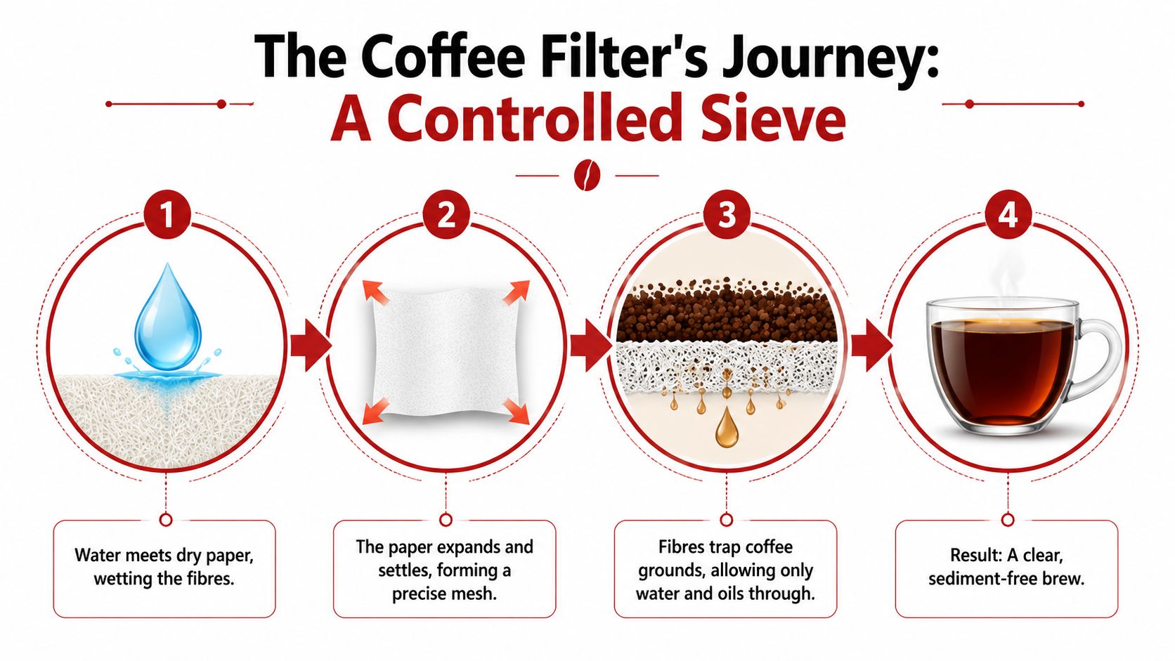 An infographic showing the four stages of how a coffee filter paper works to create clean coffee.