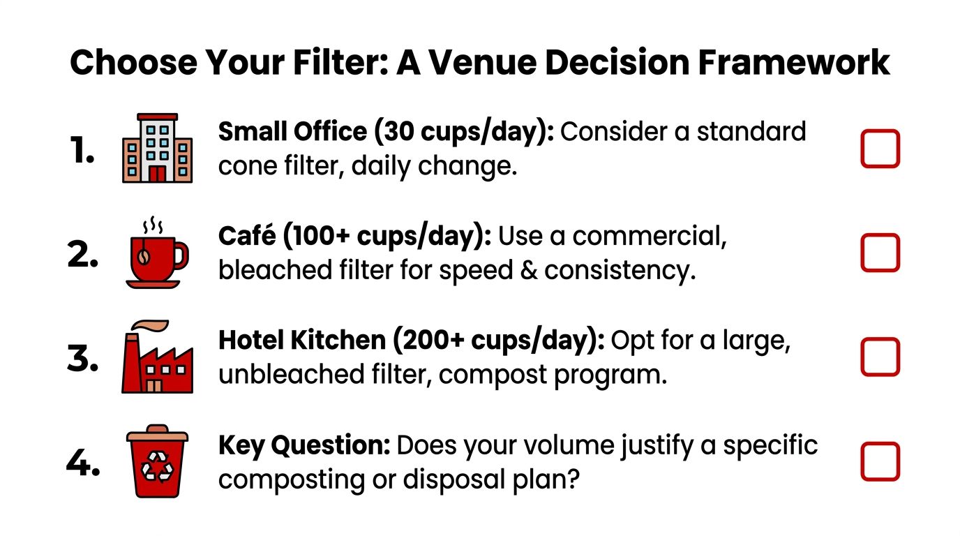 A decision framework guide for choosing the right coffee filter paper based on daily venue cup volume.