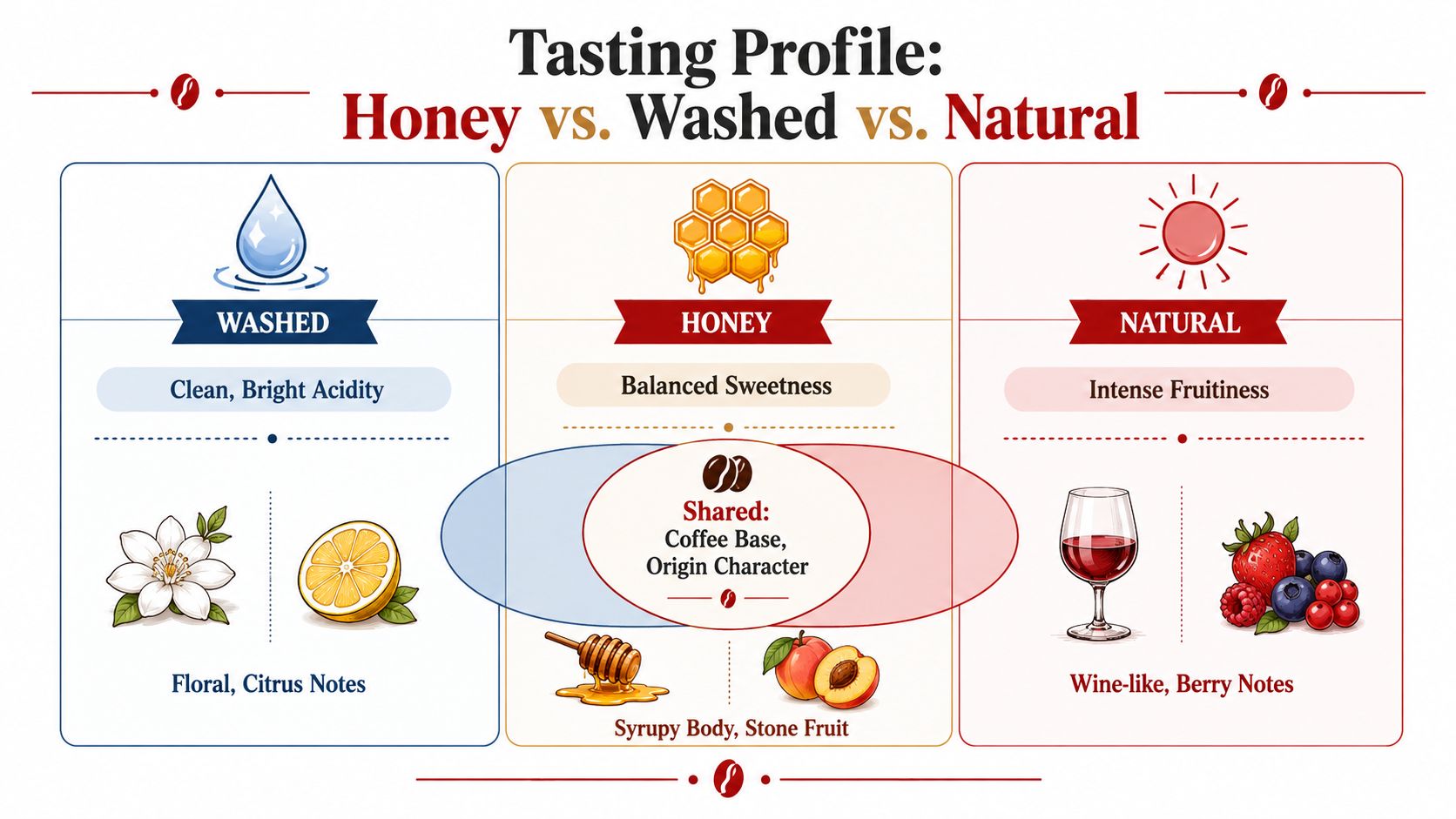 A comparison chart showing tasting profiles of washed, honey, and natural processed coffee with descriptive icons.