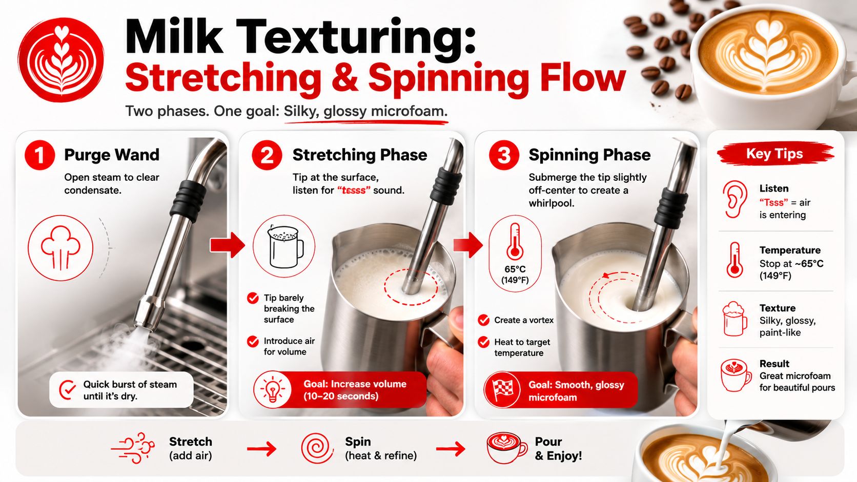 An infographic guide explaining the process of milk texturing for espresso, including stretching and spinning phases.