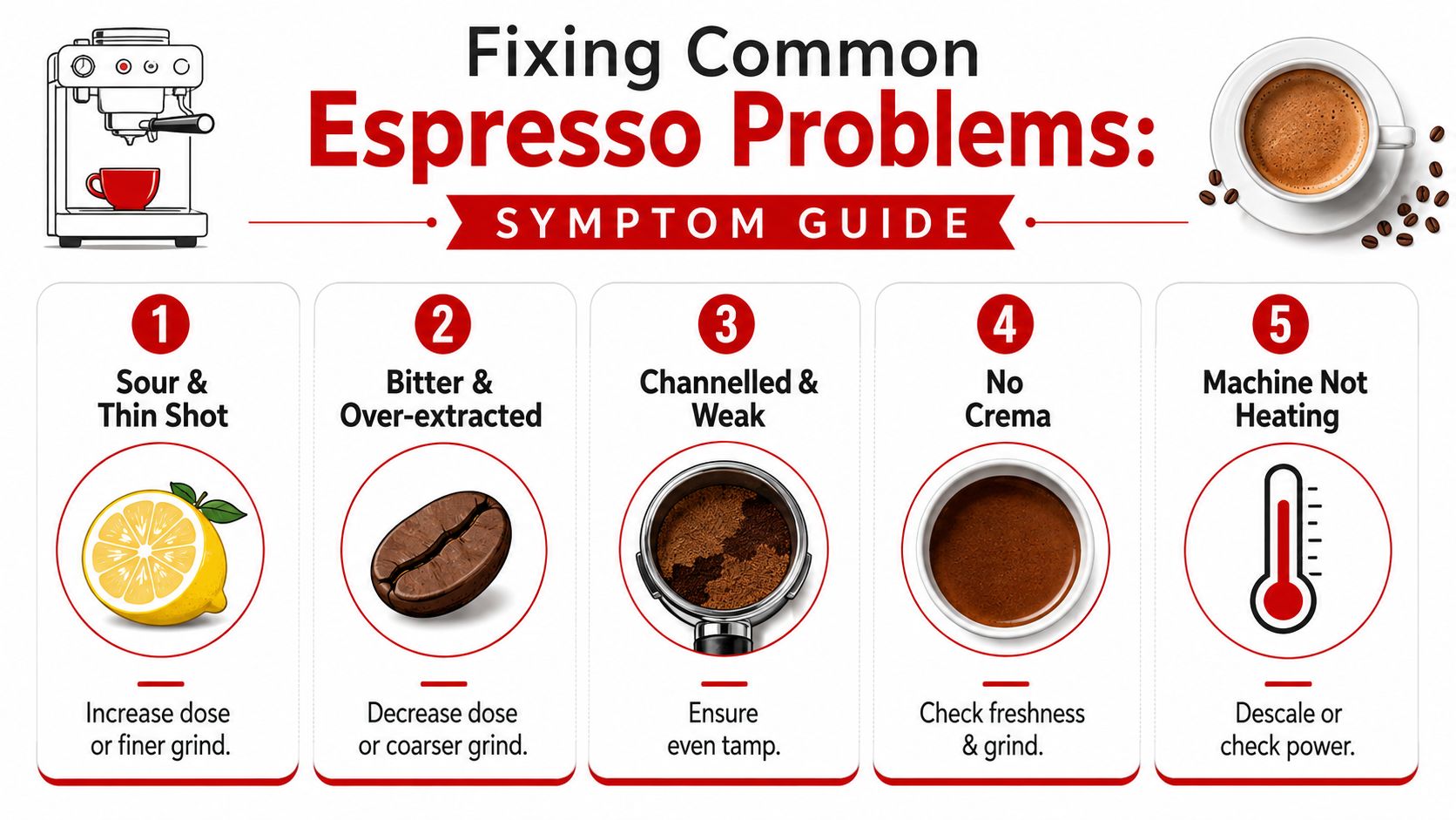An infographic showing five common espresso brewing problems with corresponding symptoms, visual icons, and solutions.