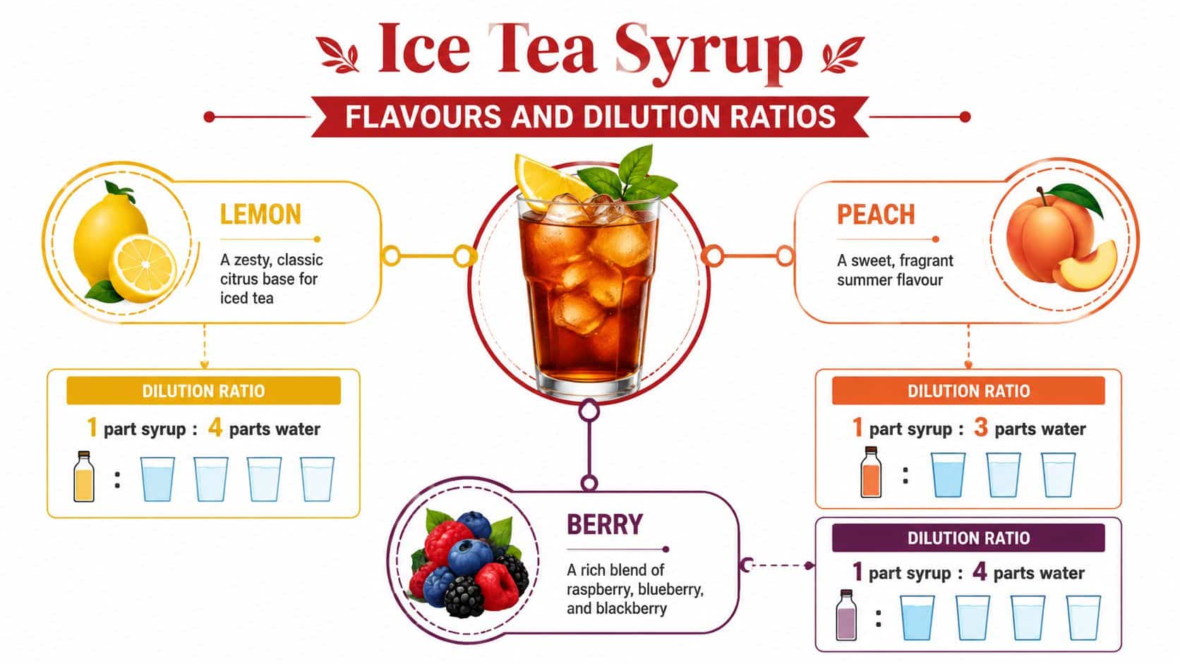 A visual guide for ice tea syrup flavours including lemon, peach, and berry with their specific dilution ratios.