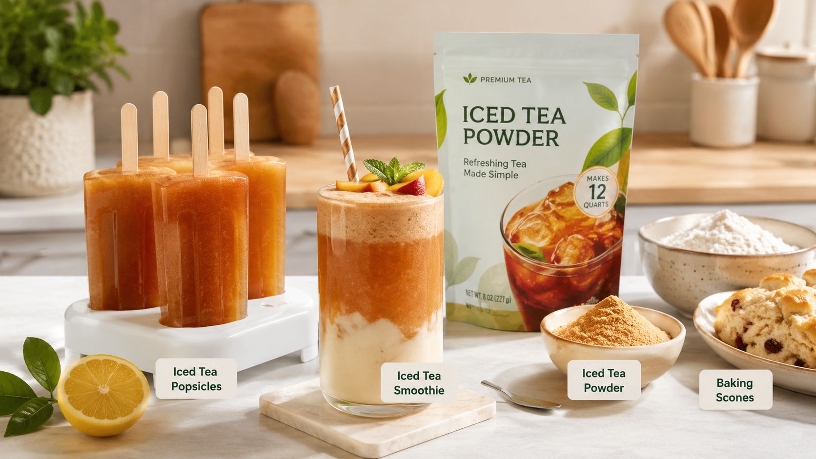 An arrangement featuring iced tea popsicles, a blended tea smoothie, iced tea powder, and baked scones.