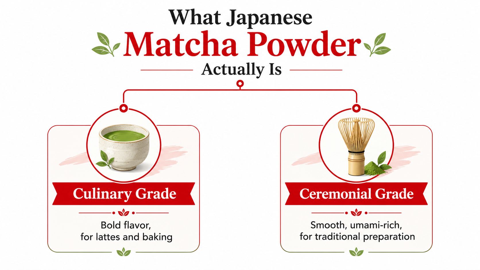 An infographic showing the two main grades of Japanese matcha powder: culinary grade and ceremonial grade.