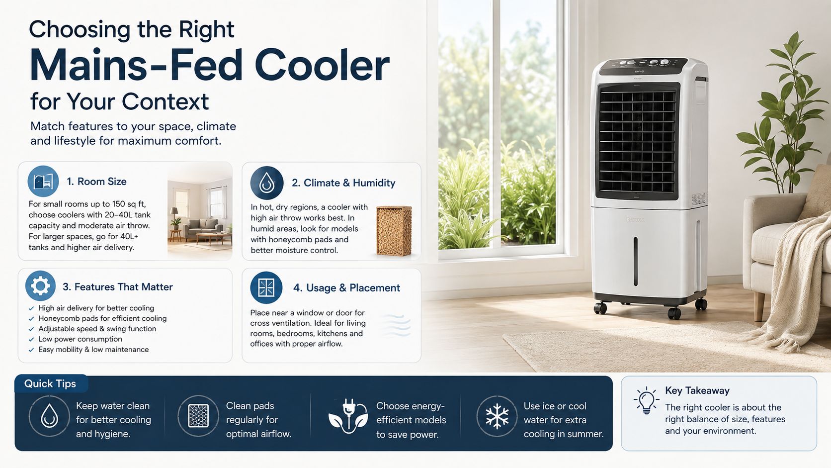 An infographic showing a mains-fed water cooler with tips for choosing the right model for your room.