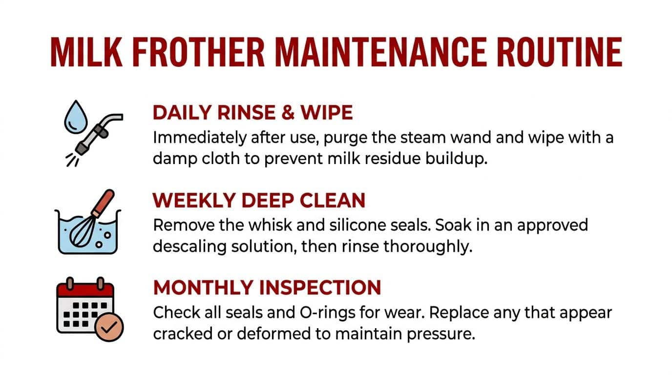 A helpful infographic outlining a daily, weekly, and monthly maintenance schedule for a milk frother device.