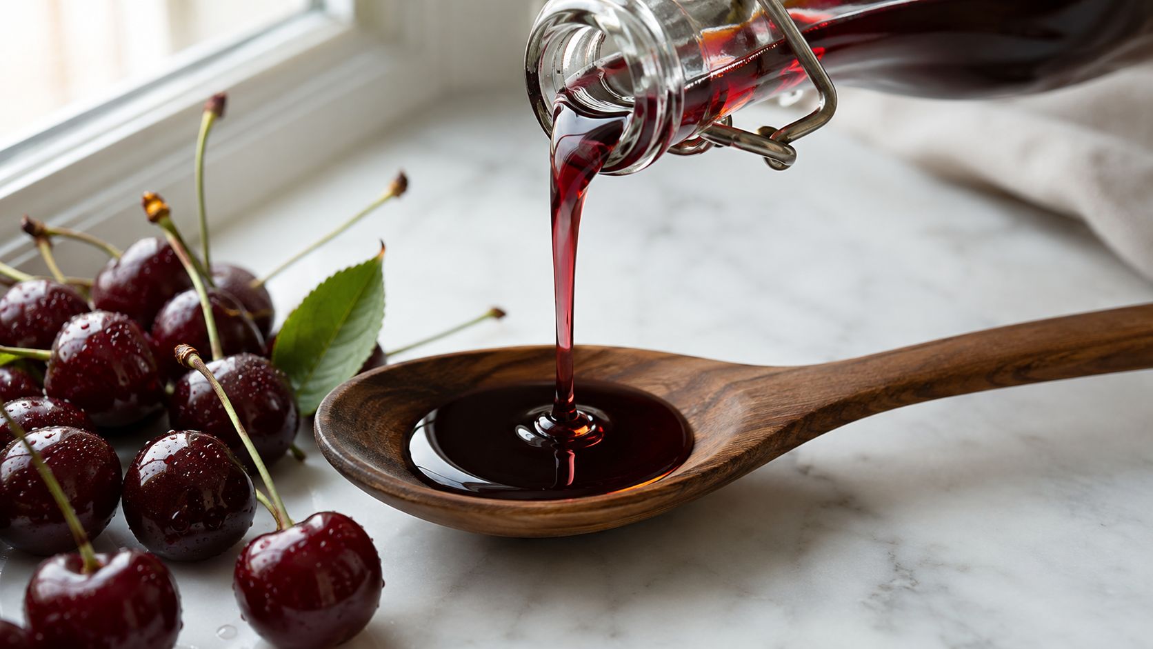 A close up of rich red cherry syrup pouring from a glass bottle onto a wooden spoon.