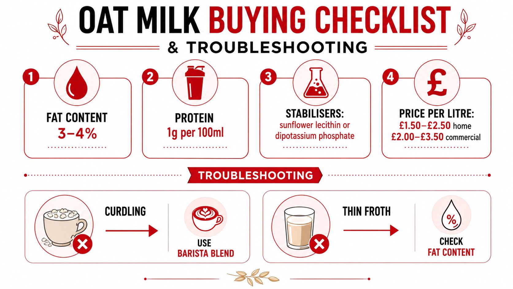 A guide showing criteria for selecting the best oat milk for coffee and troubleshooting common milk problems.