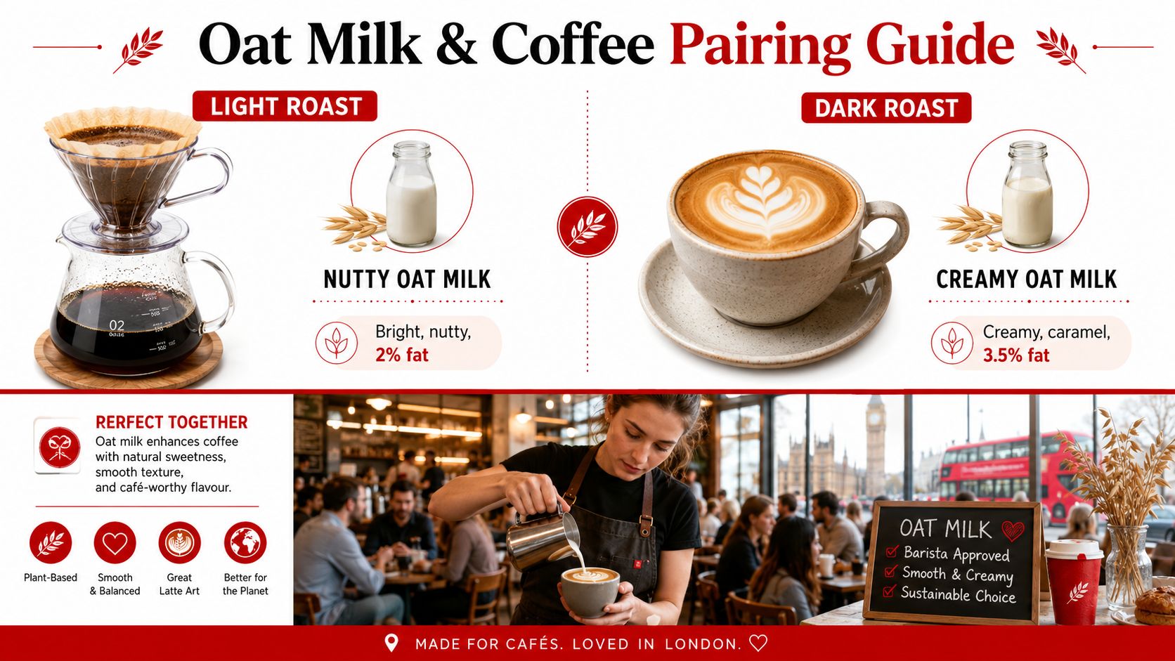 An infographic showing oat milk and coffee pairing suggestions, featuring light roast and dark roast options.