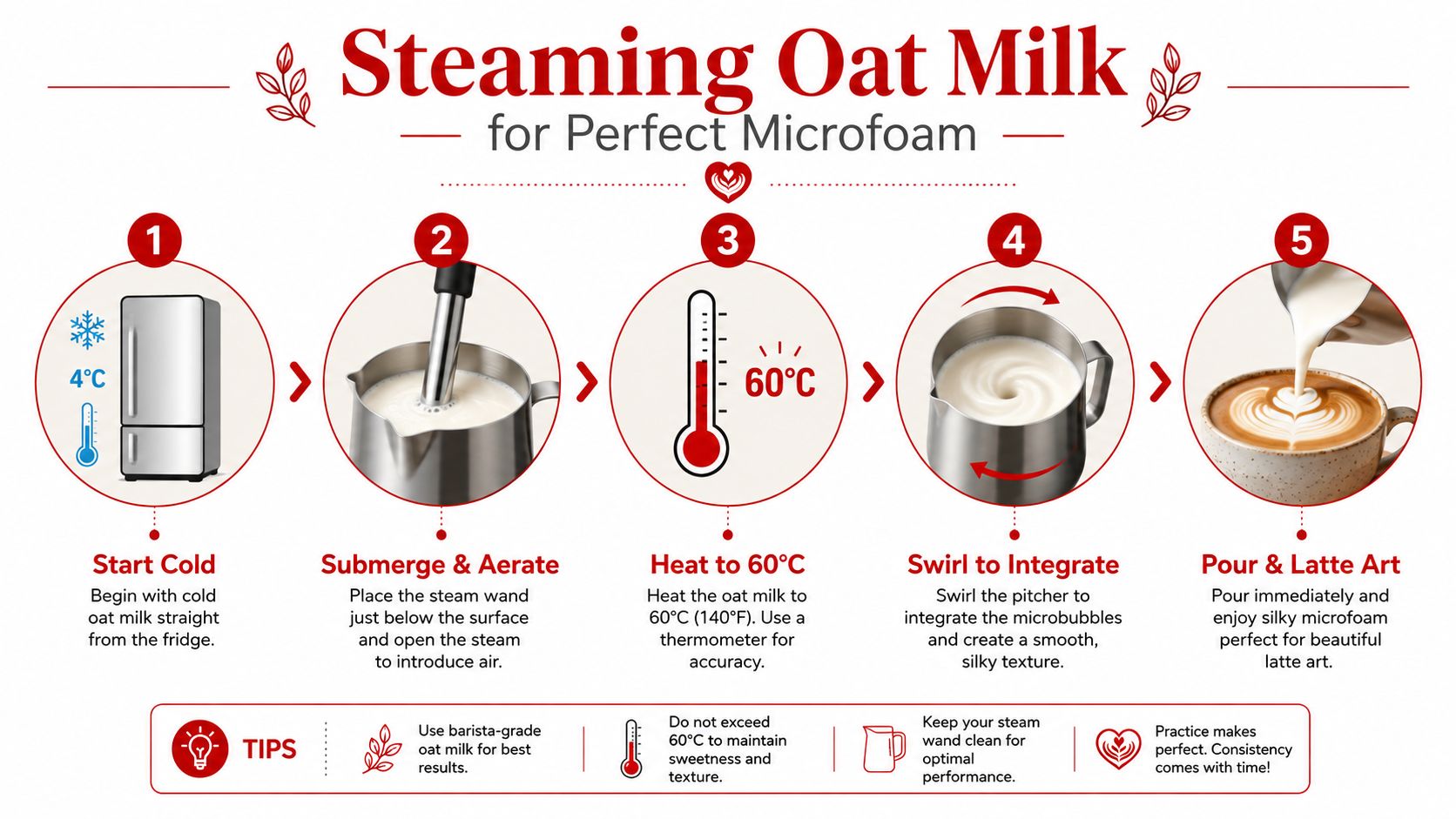 An infographic illustrating five easy steps for steaming oat milk to achieve perfect microfoam for coffee.