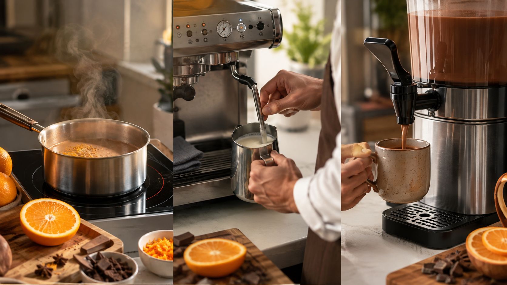 A three-part composition showing the preparation process of orange hot chocolate with fresh ingredients and espresso machine.
