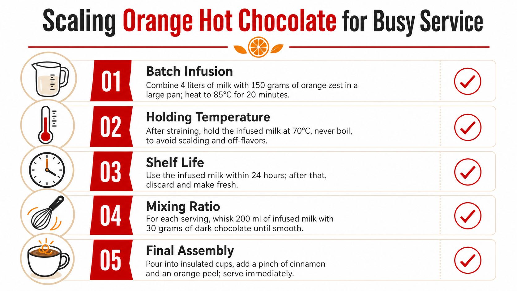An infographic detailing five steps for scaling orange hot chocolate, from batch infusion to final assembly.