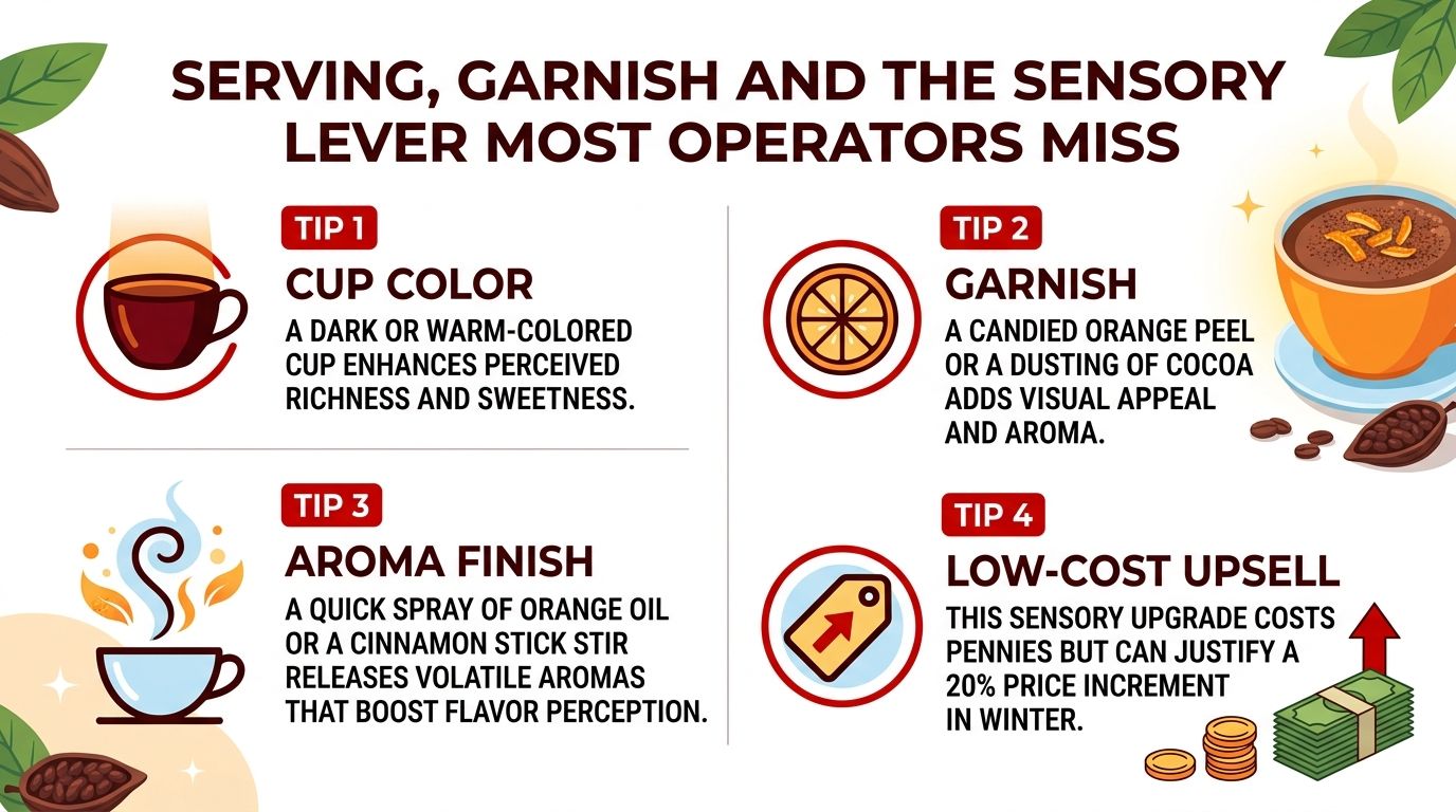 An infographic displaying four expert tips for enhancing the sensory experience and pricing of hot chocolate drinks.