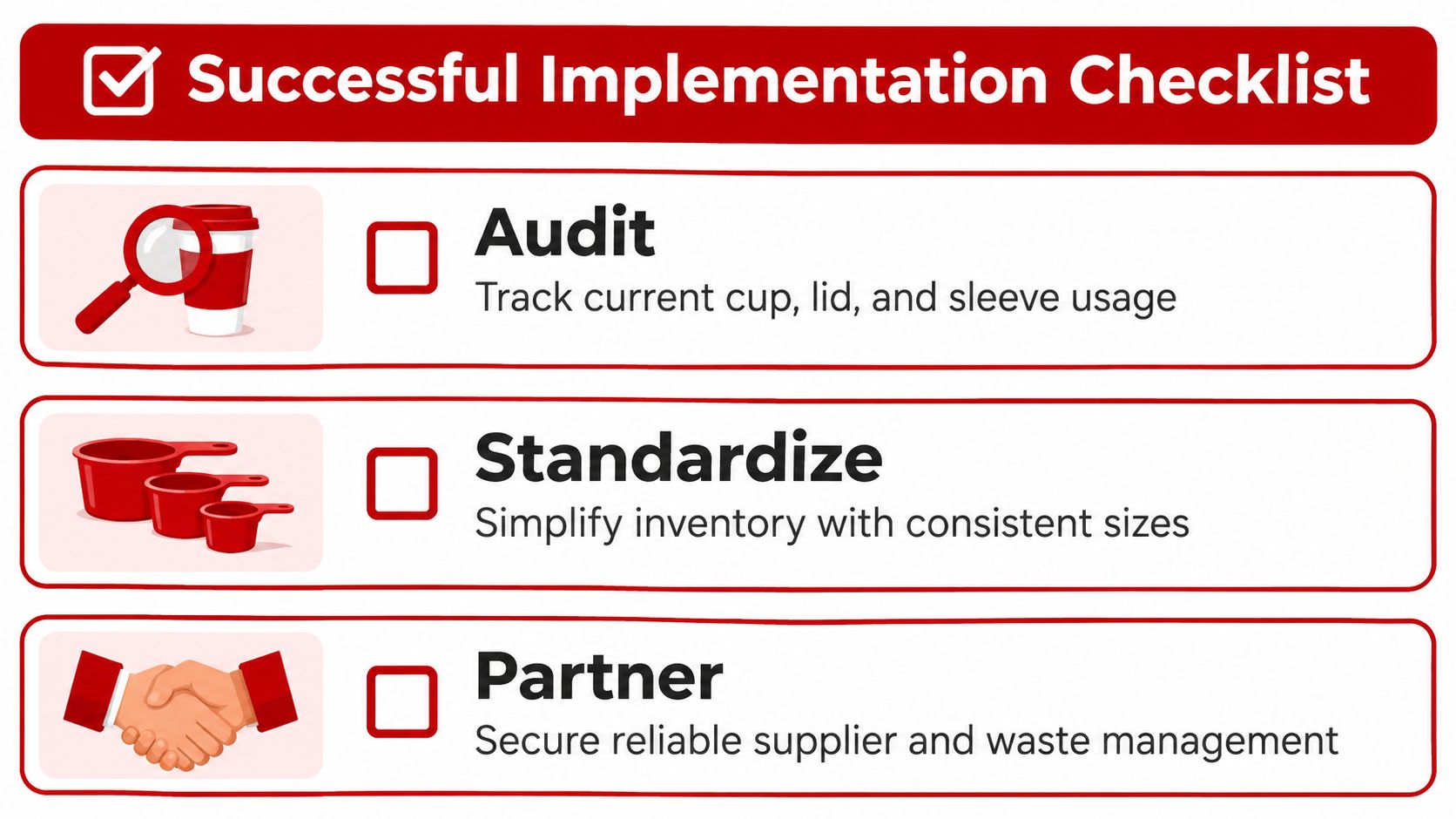 A checklist titled Successful Implementation showing steps to audit, standardize, and partner for sustainable cup usage.