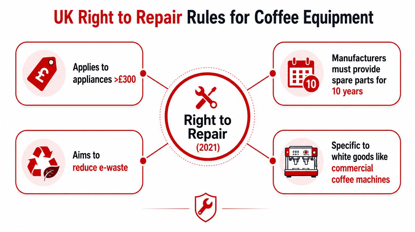 An infographic detailing UK Right to Repair 2021 regulations for commercial coffee equipment and spare parts availability.