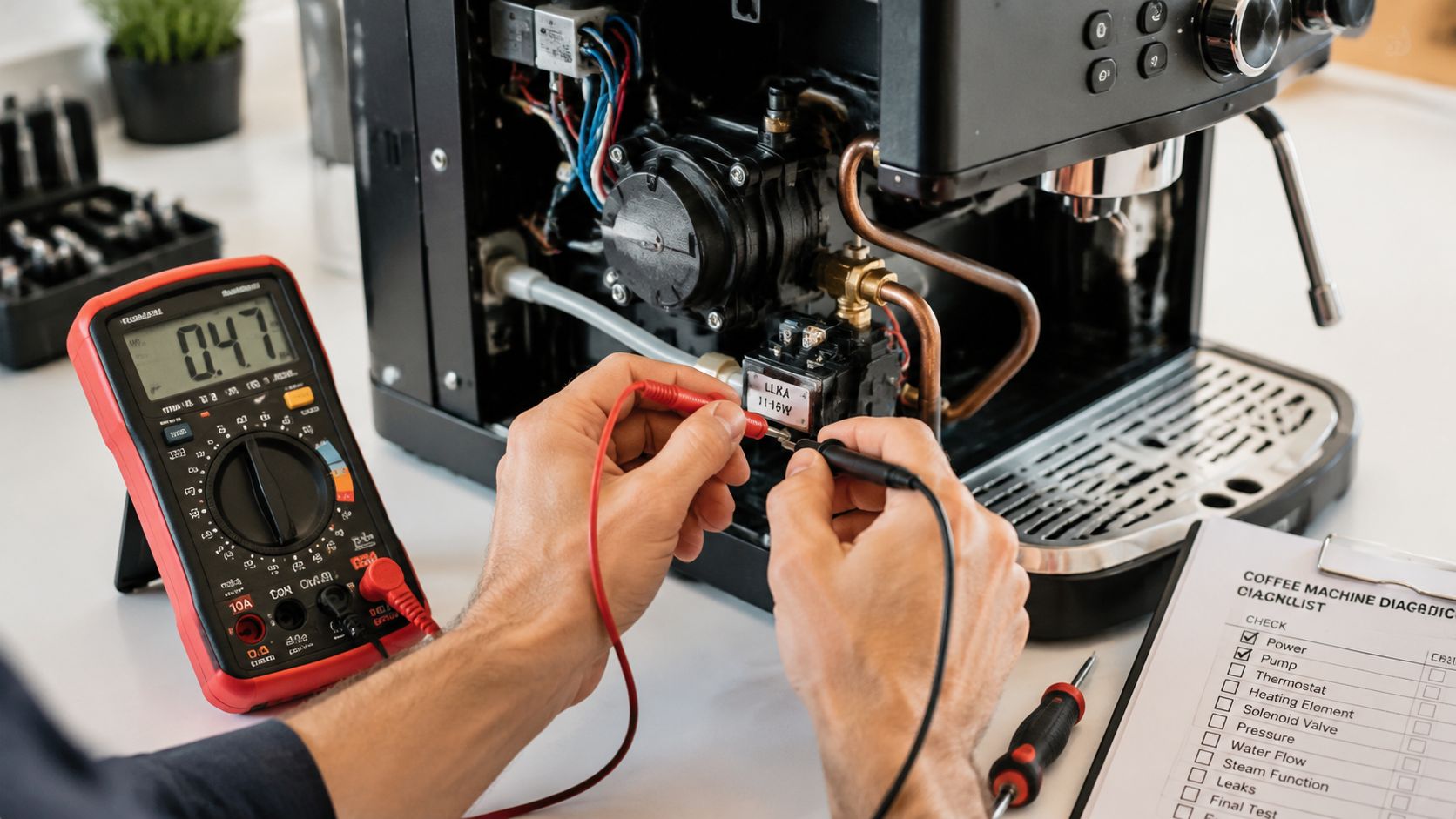 A repair technician tests the internal components of a coffee machine using a digital multimeter on a workbench.