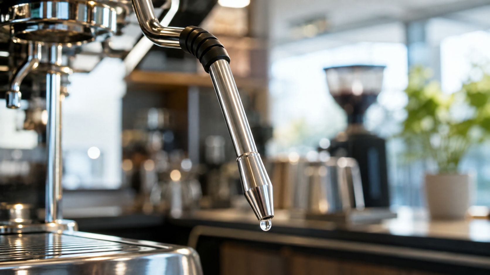 A close-up view of a stainless steel espresso machine steam wand dripping a single drop of water.