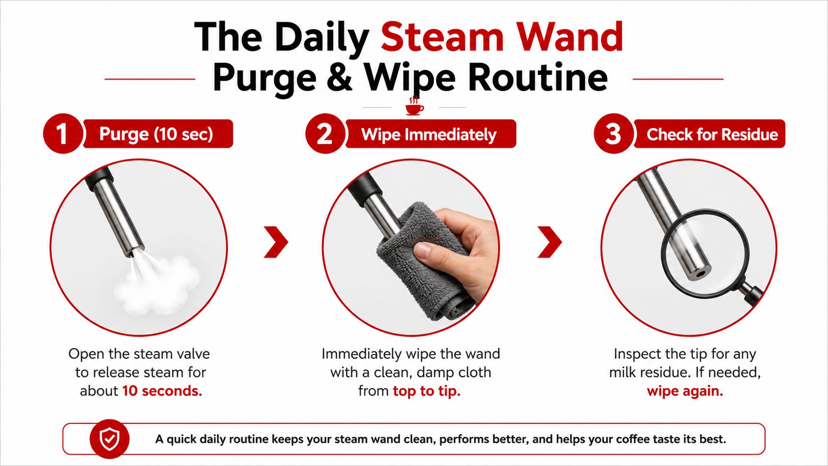 An instructional infographic detailing the three-step daily process for cleaning and purging a coffee machine steam wand.