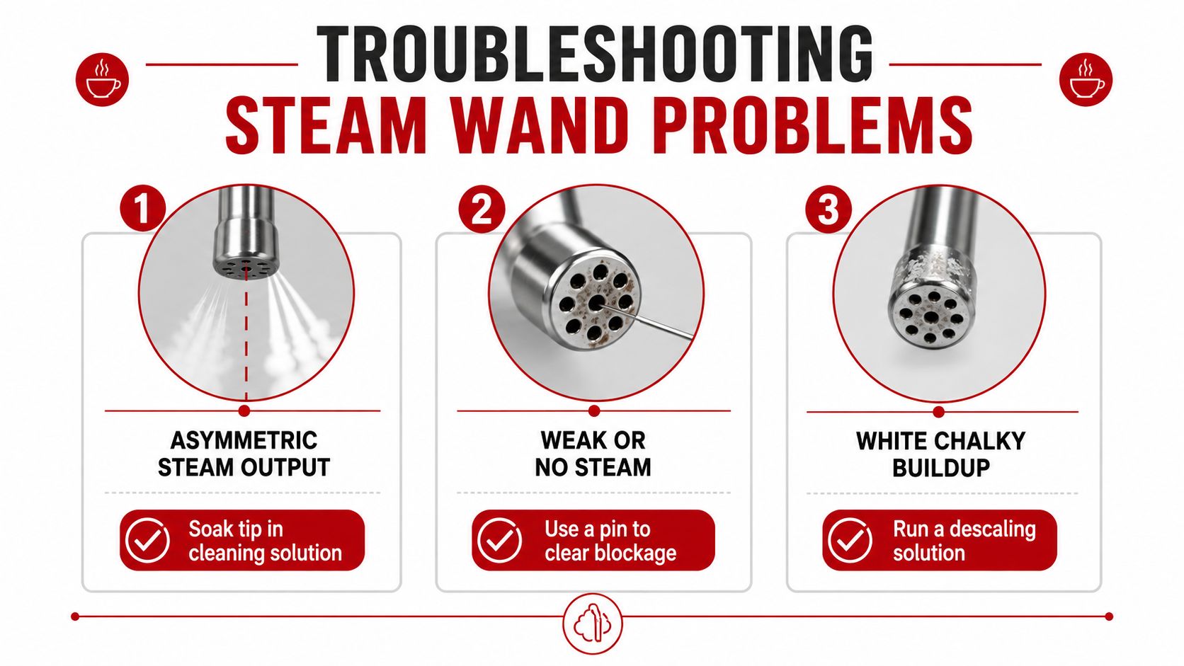A troubleshooting infographic for coffee machine steam wands showing solutions for blockages and buildup.