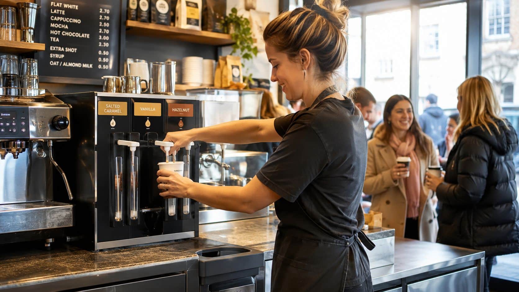 A barista using a syrup dispenser machine to add flavored syrup into a paper coffee cup.