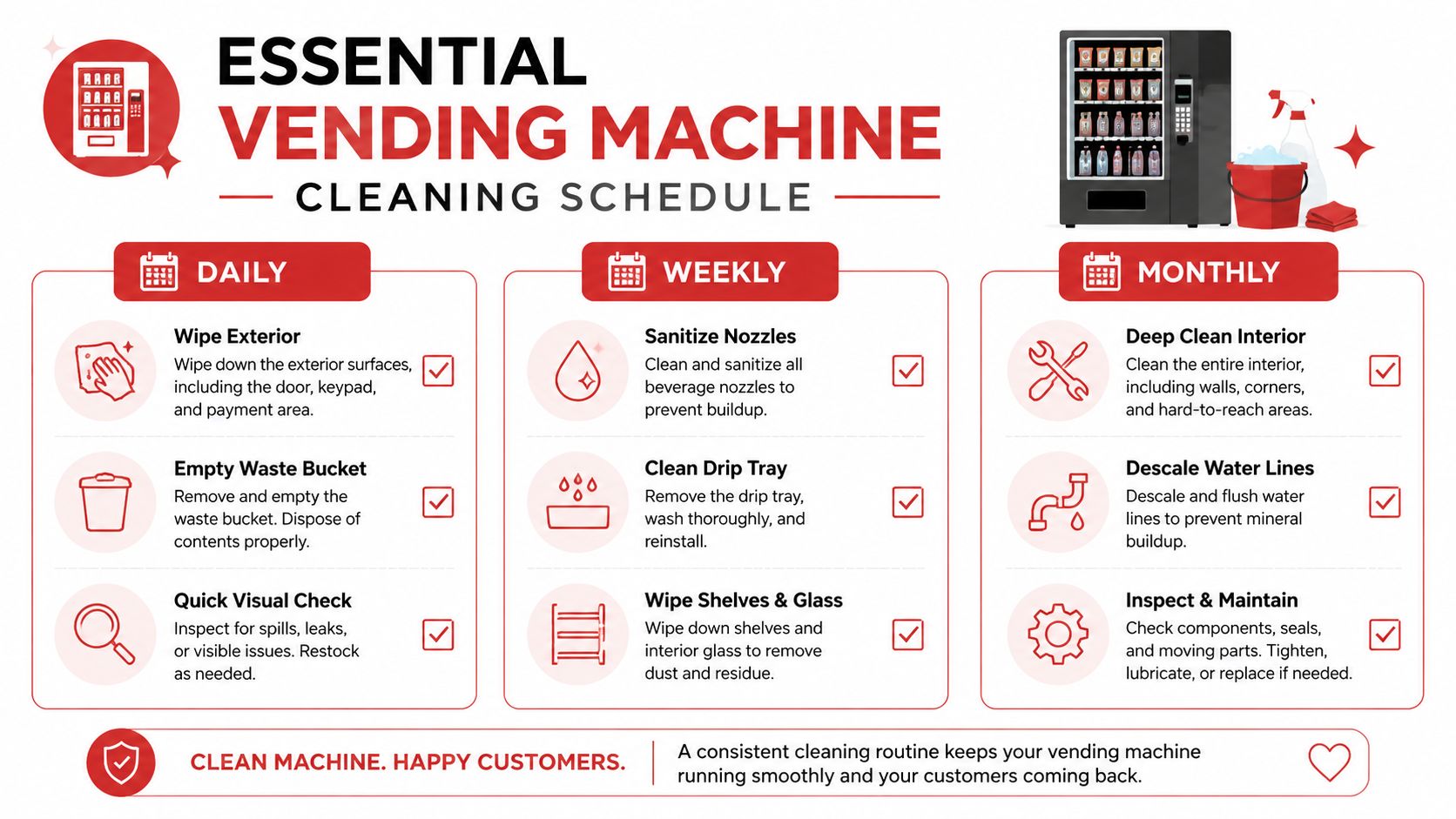 An infographic detailing a daily, weekly, and monthly cleaning schedule for professional vending machines.