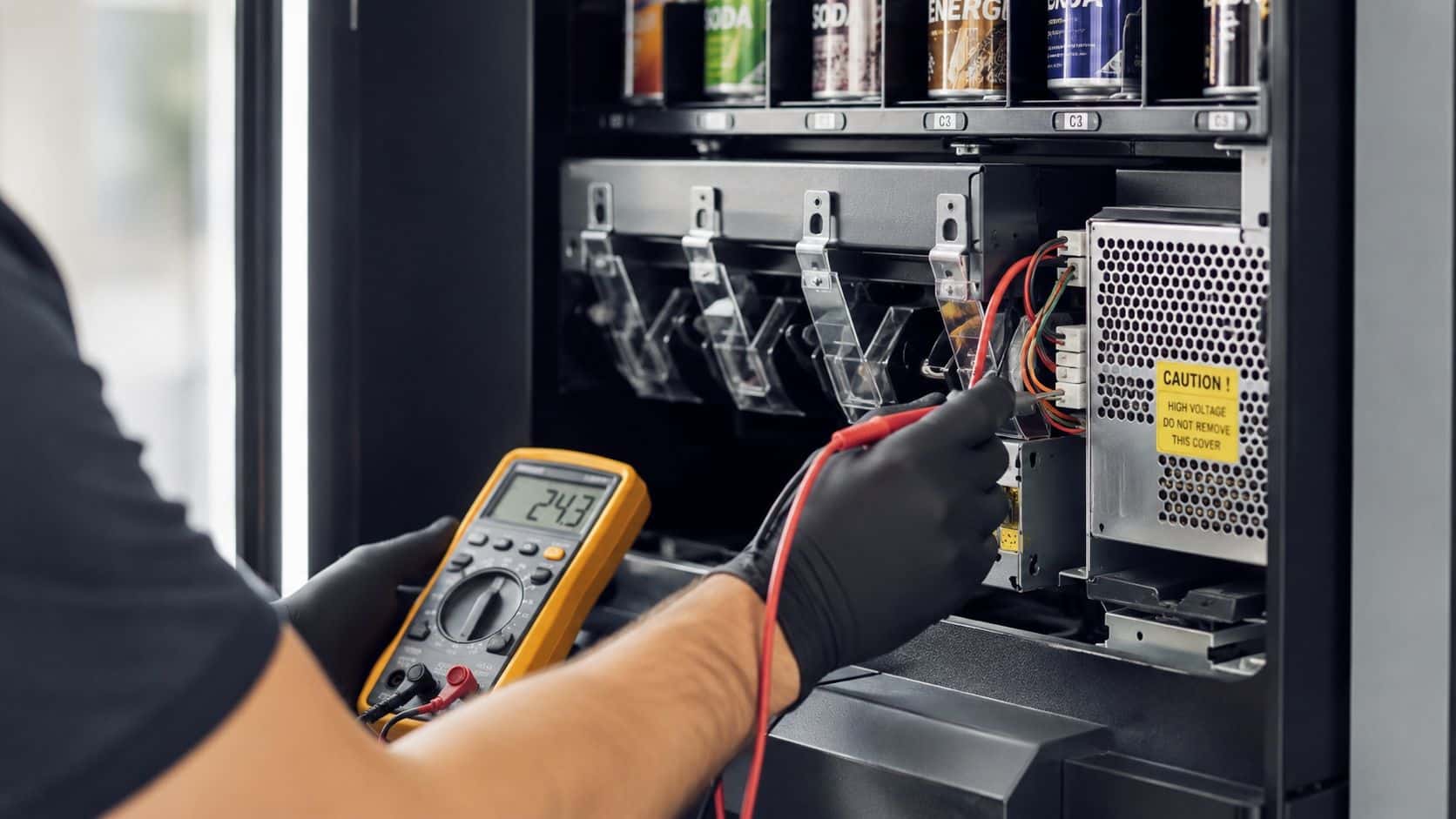 A technician wearing black gloves uses a digital multimeter to test electrical components inside a vending machine.