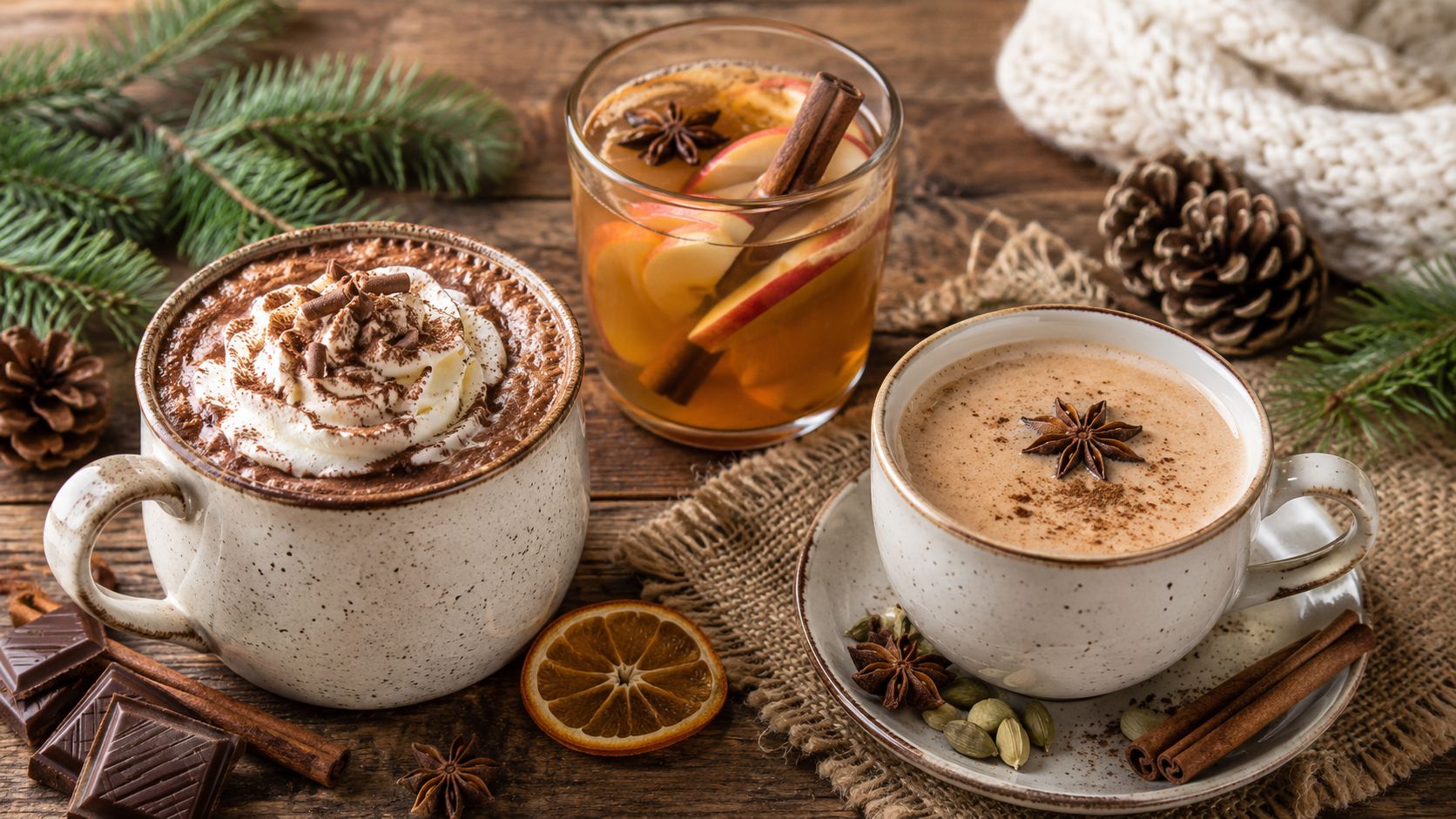 Three festive winter warmers featuring hot chocolate with cream, spiced apple cider, and a steaming creamy latte.