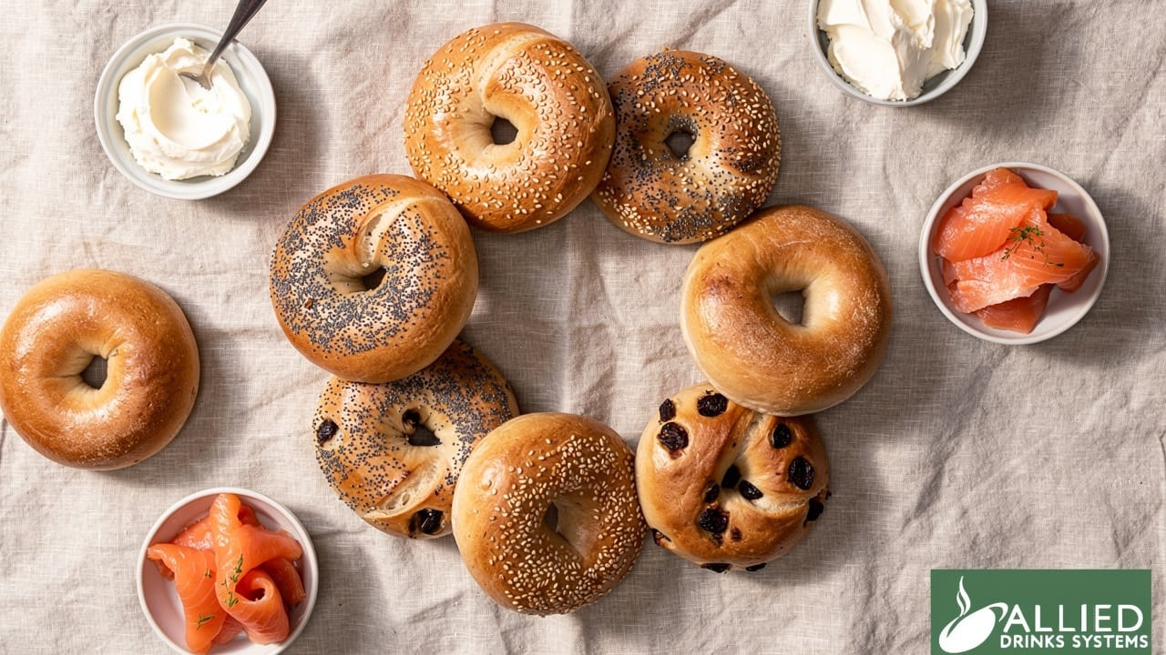 Assorted bagels with toppings flat lay